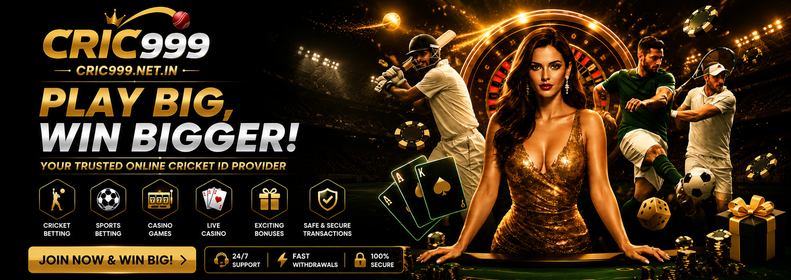 CRIC999 cricket betting ID website banner showcasing online cricket betting, sports betting, live casino games, exciting bonuses, and premium gaming experience in India.