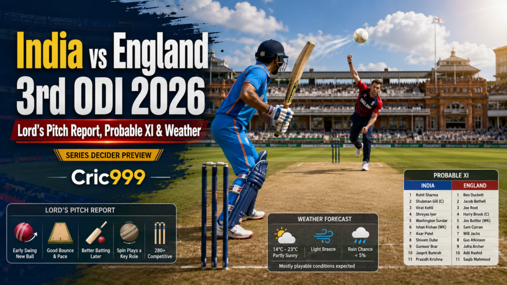 India vs England 3rd ODI 2026 Preview: Lord’s Pitch Report, Probable XI, Weather and Players to Watch – Cric999